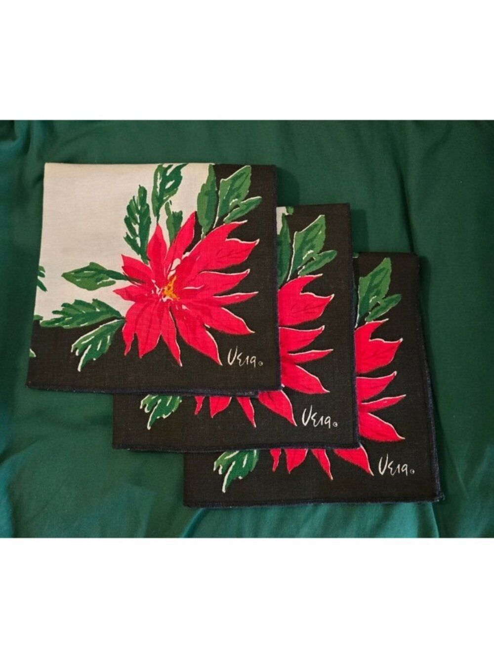 Vintage Vera Neumann Poinsettia Napkins Set Of 3 Red & Green holiday christmas